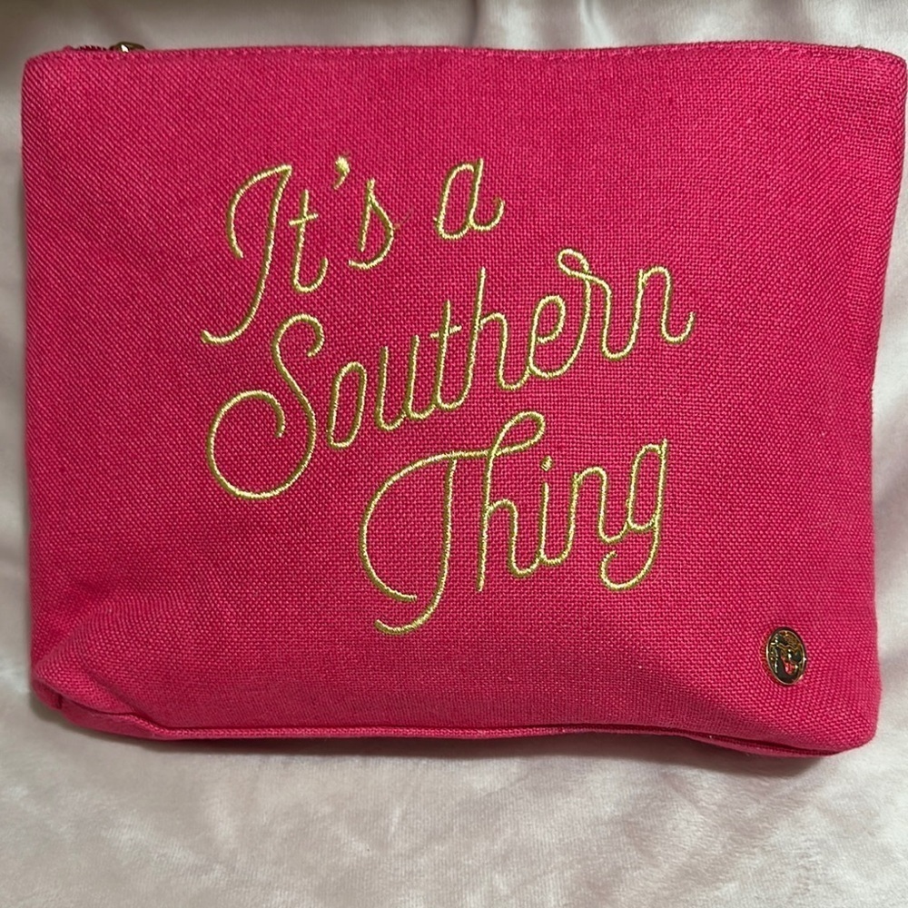 Vibrant Pink Cosmetic Bag with Golden Text